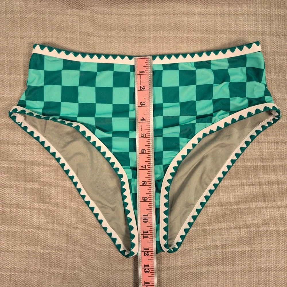 Women Green Checkered Ric Rac High Waisted Bikini Set Size L NWOT